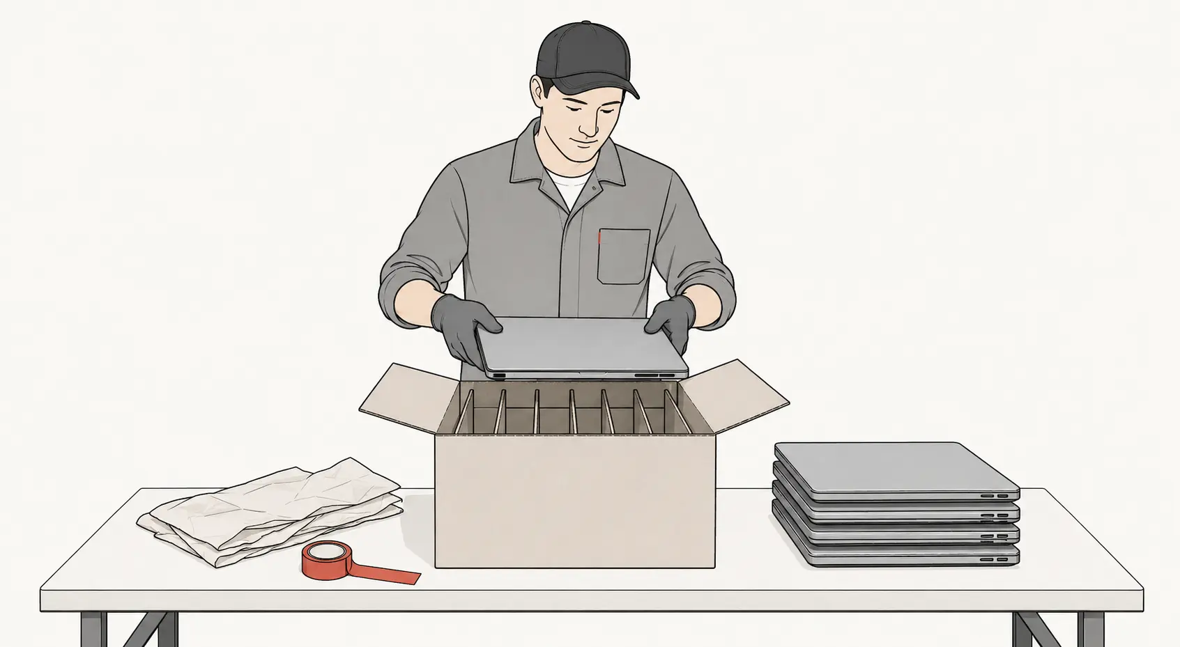 Warehouse worker packing closed laptops into a shipping box